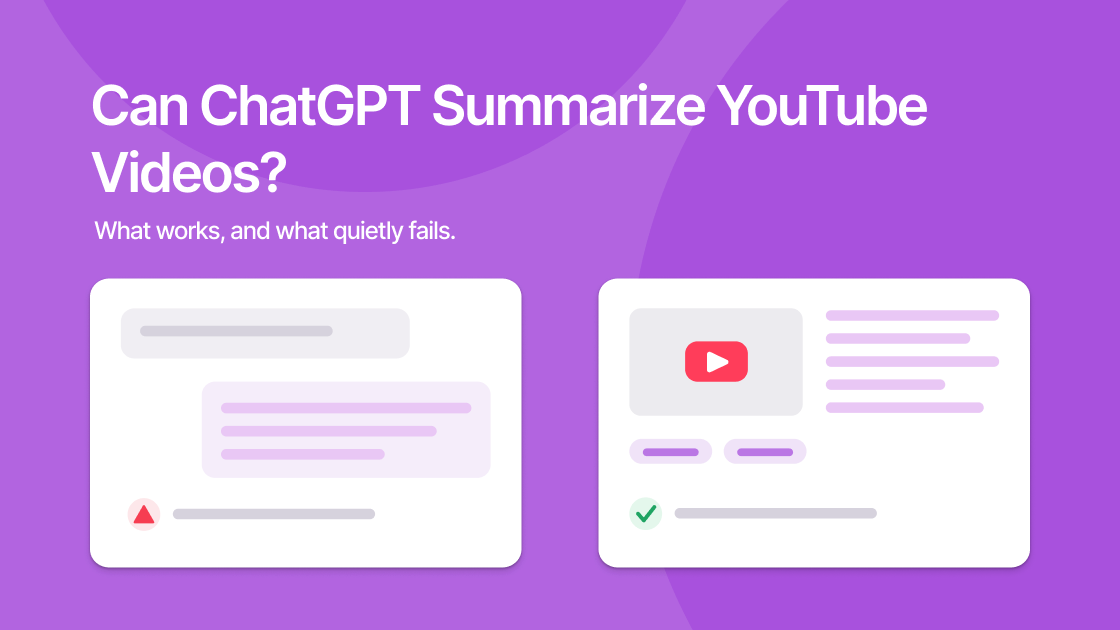 Two panels side by side: a chat answer flagged with a red warning, and the same summary beside its source video with a green check.